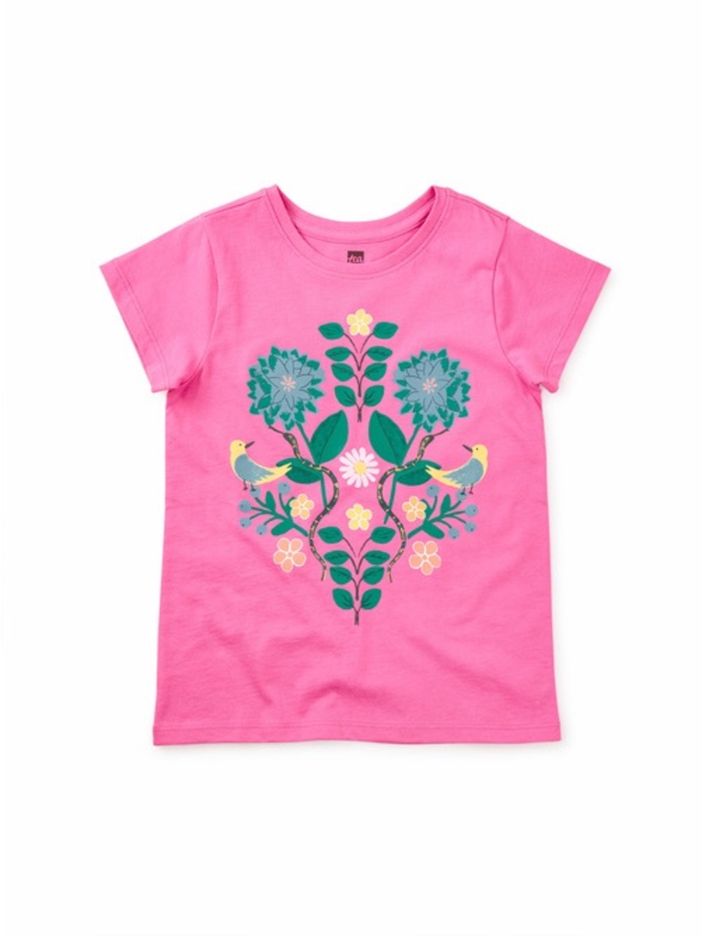 Tea Collection Pink Short-Sleeve Tee with Floral Bird Graphic
